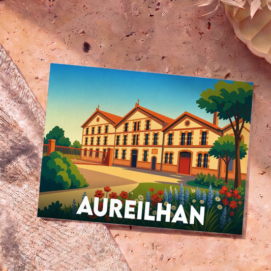 Carte postale souvenir de la ville d'Aureilhan avec une illustration stylisée d'un bâtiment historique.