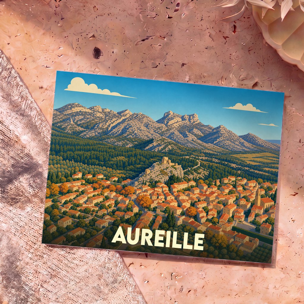 Carte postale souvenir de la ville d'Aureille présentant une illustration stylisée du village niché au pied des Alpilles.