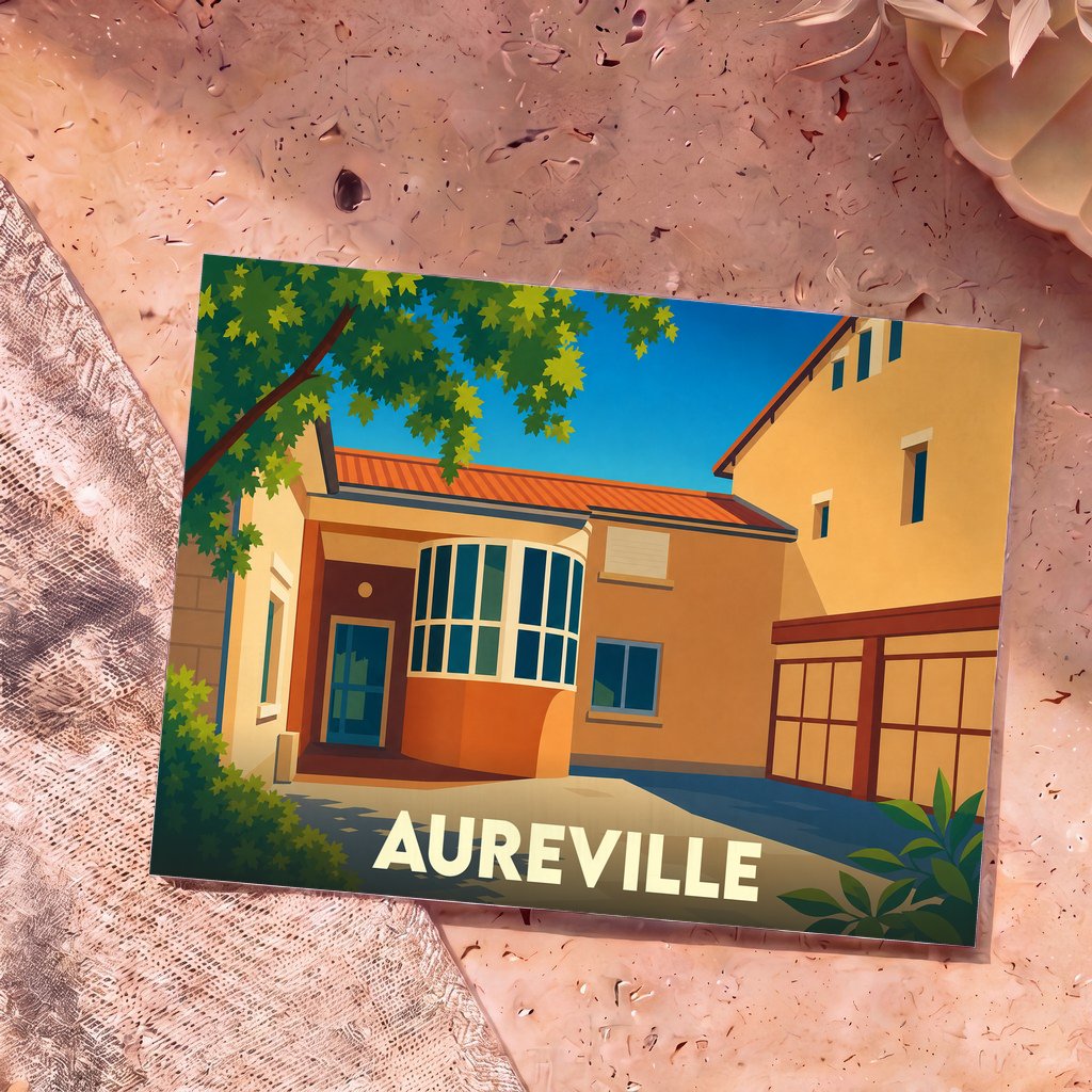 Carte postale souvenir de la ville d'Aureville avec une illustration stylisée d'une maison ensoleillée sous un arbre.