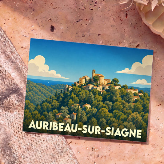 Carte postale souvenir de la ville d'Auribeau-sur-Siagne avec une illustration stylisée d'un village perché.