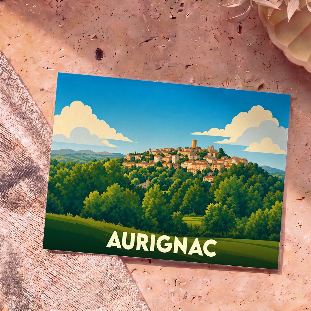 Carte postale souvenir de la ville d'Aurignac avec une illustration stylisée d'un village perché au milieu d'une forêt.