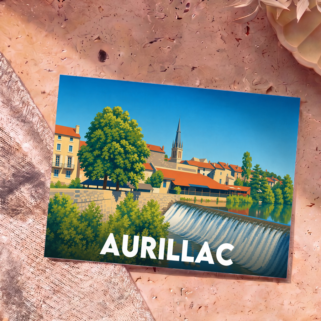 Carte postale souvenir de la ville d'Aurillac avec une illustration stylisée des bords de la Jordanne.