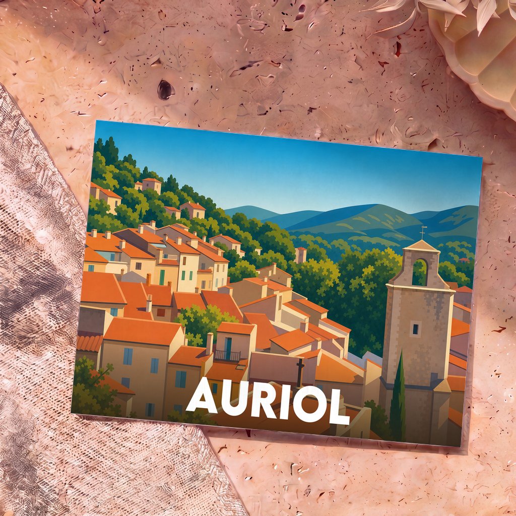Carte postale souvenir de la ville d'Auriol avec une illustration stylisée d'un village provençal.