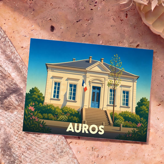 Carte postale souvenir de la ville d'Auros avec une illustration stylisée de sa mairie.