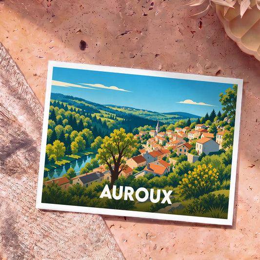 Carte postale souvenir de la ville d'Auroux avec une illustration stylisée d'un village vallonné.