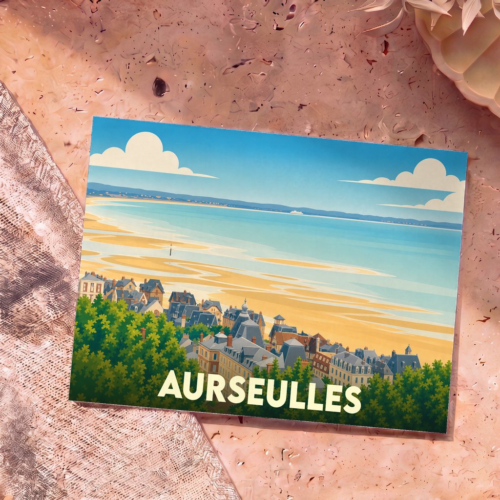 Carte postale souvenir d'Aurseulles avec une illustration stylisée d'un panorama côtier.