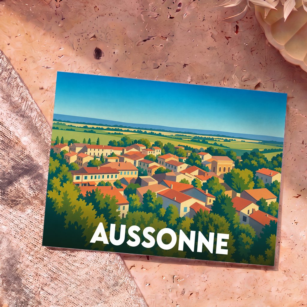 Carte postale souvenir de la ville d'Aussonne avec une illustration stylisée de ses toits et de ses paysages.