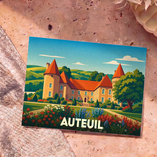 Carte postale souvenir d'Auteuil illustrant un château aux toits rouges entouré d'un jardin fleuri dans un style graphique épuré.