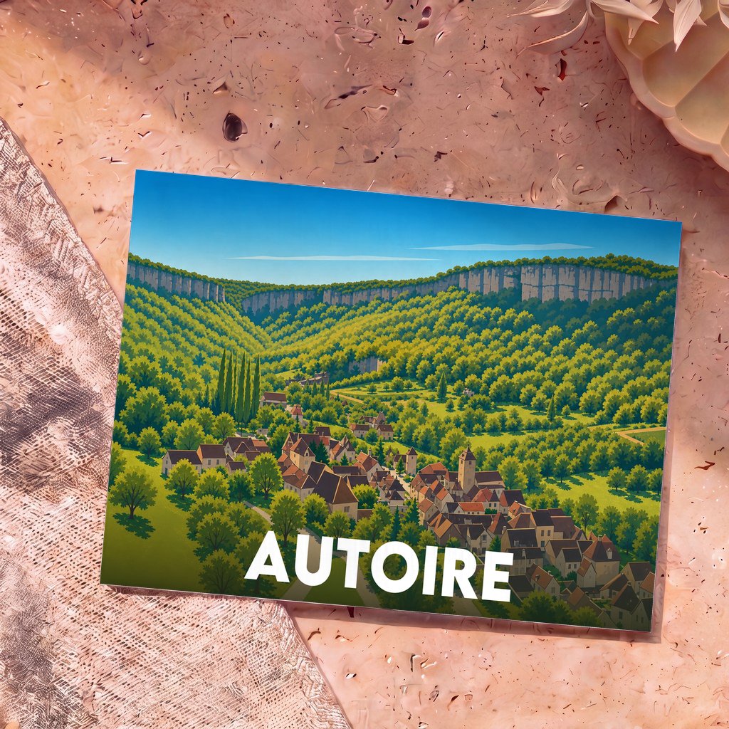 Carte postale souvenir de la ville d'Autoire avec une illustration stylisée d'un village niché dans une vallée verdoyante au pied de falaises.
