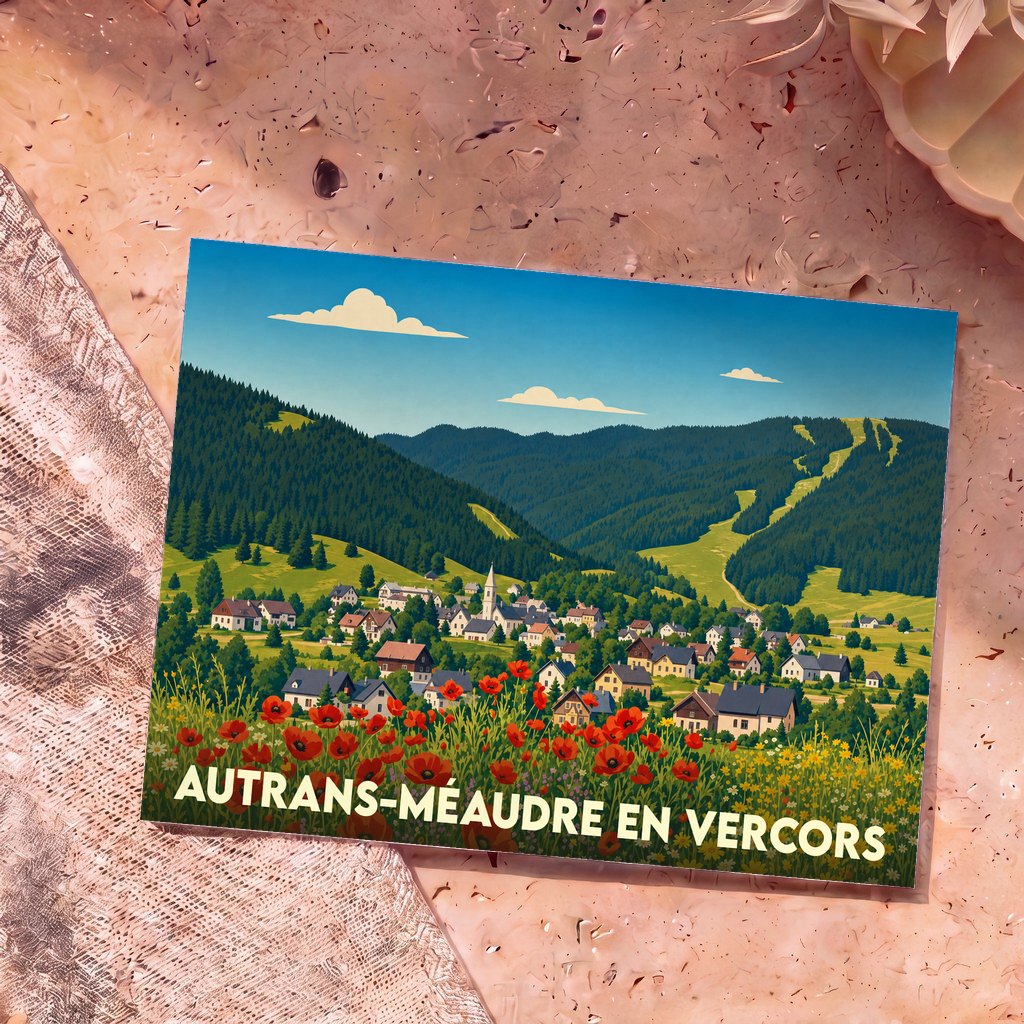 Carte postale souvenir de la ville d'Autrans-Méaudre en Vercors avec une illustration stylisée de son paysage montagneux.