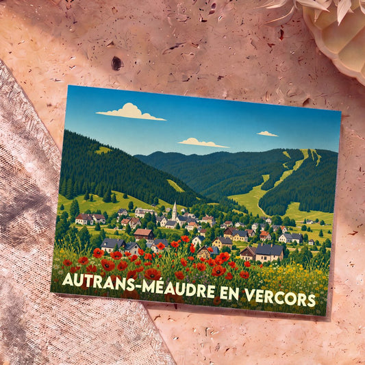 Carte postale souvenir de la ville d'Autrans-Méaudre en Vercors avec une illustration stylisée de son paysage montagneux.