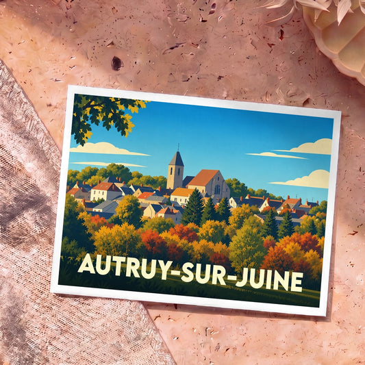 Carte postale souvenir de la ville d'Autruy-sur-Juine illustrant le village et son église dans un style graphique coloré.