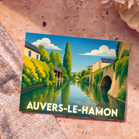 Carte postale souvenir de la ville de Auvers-le-Hamon avec une illustration stylisée des bords de rivière.