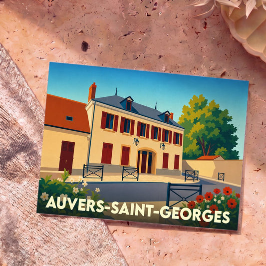Carte postale souvenir de la ville de Auvers-Saint-Georges avec une illustration stylisée de sa mairie.