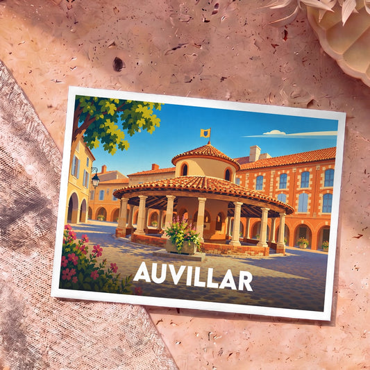 Carte postale souvenir de la ville d'Auvillar illustrant sa célèbre halle circulaire dans un style coloré et épuré.