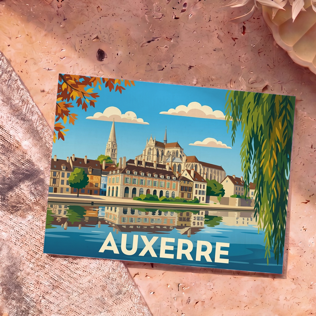 Carte postale souvenir de la ville d'Auxerre avec une illustration stylisée des bords de l'Yonne et de sa cathédrale.