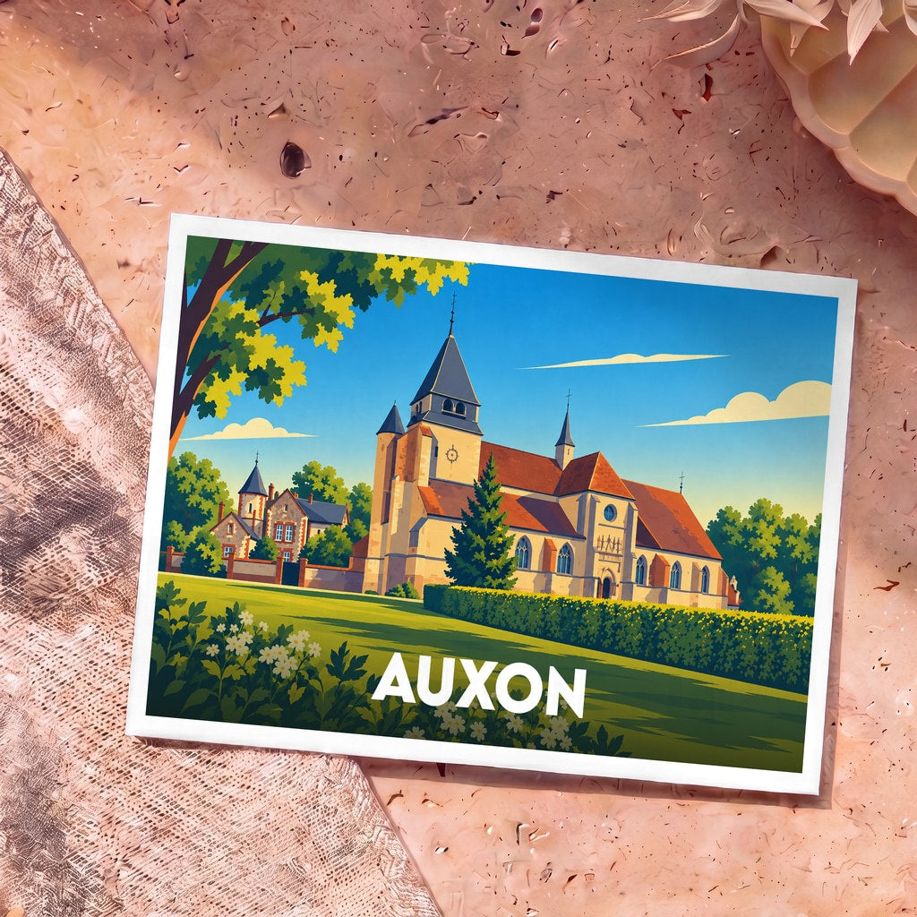 Carte postale souvenir de la ville d'Auxon illustrant son église dans un style graphique épuré et coloré.