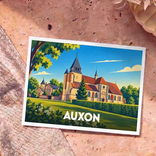 Carte postale souvenir de la ville d'Auxon illustrant son église dans un style graphique épuré et coloré.