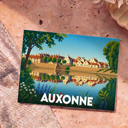 Carte postale souvenir de la ville d'Auxonne illustrant les bords de la Saône dans un style graphique épuré.