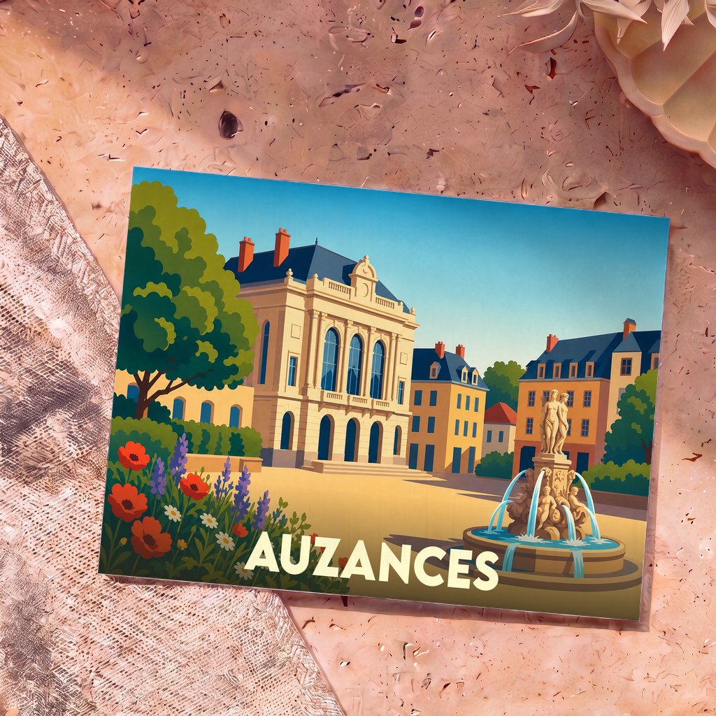 Carte postale souvenir de la ville d'Auzances avec une illustration colorée et stylisée de sa place principale.