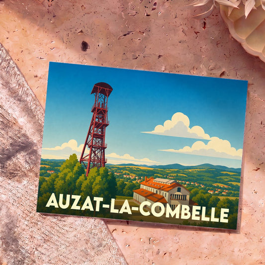 Carte postale souvenir de la ville d'Auzat-la-Combelle avec une illustration stylisée d'un chevalement de mine.