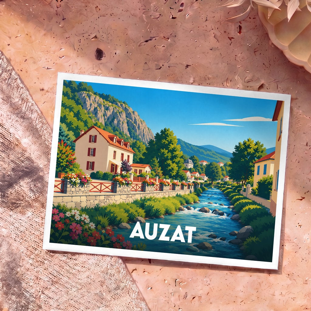 Carte postale souvenir de la ville d'Auzat avec une illustration stylisée d'un village de montagne en bord de rivière.