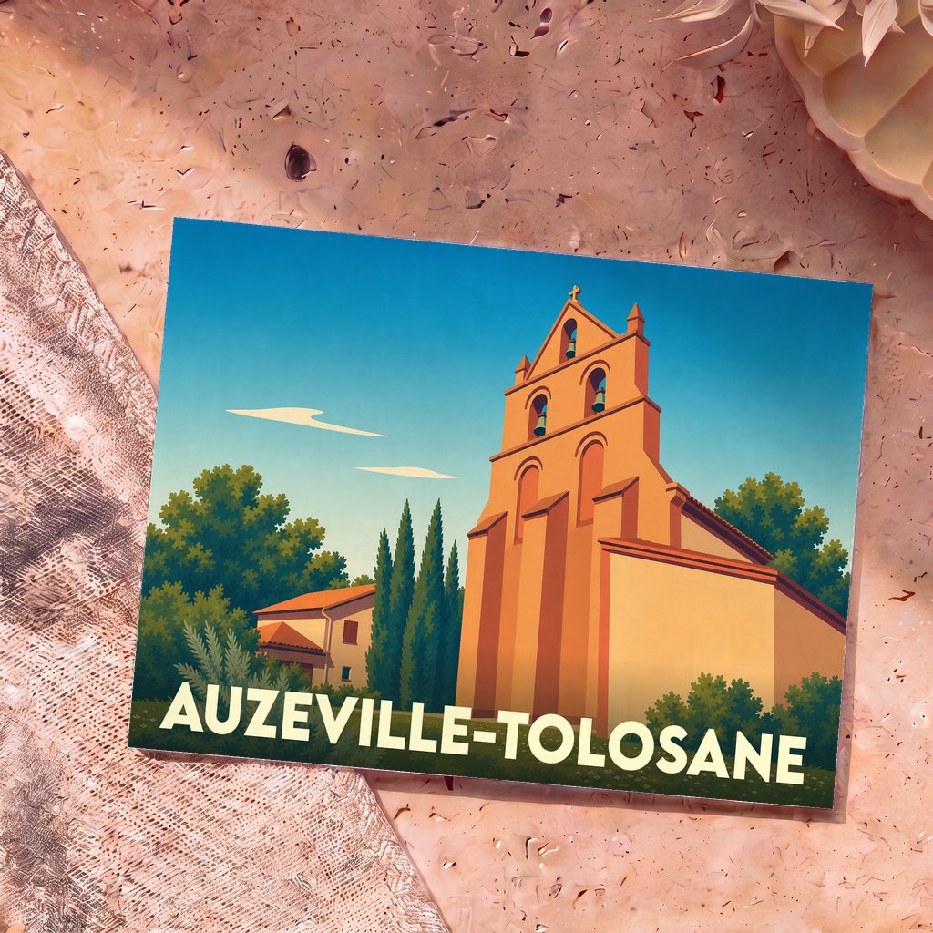 Carte postale souvenir de la ville d'Auzeville-Tolosane avec une illustration stylisée de son église et de son clocher-mur.