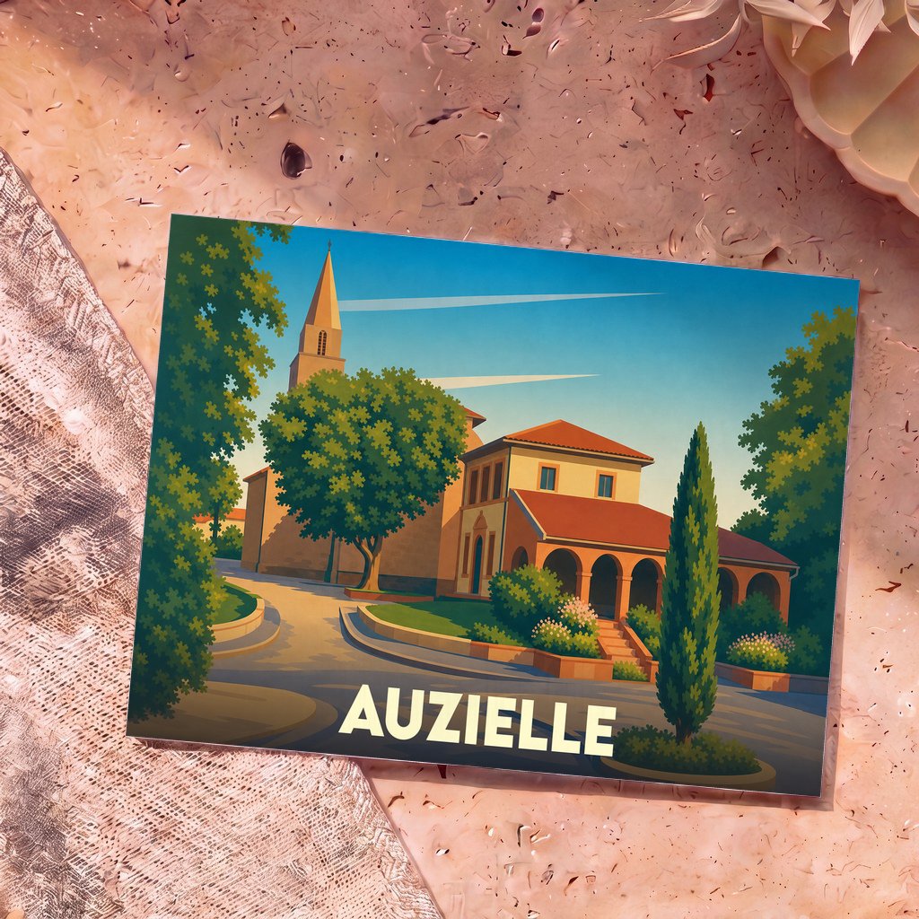 Carte postale souvenir de la ville d'Auzielle avec une illustration stylisée de son église et de son architecture typique.