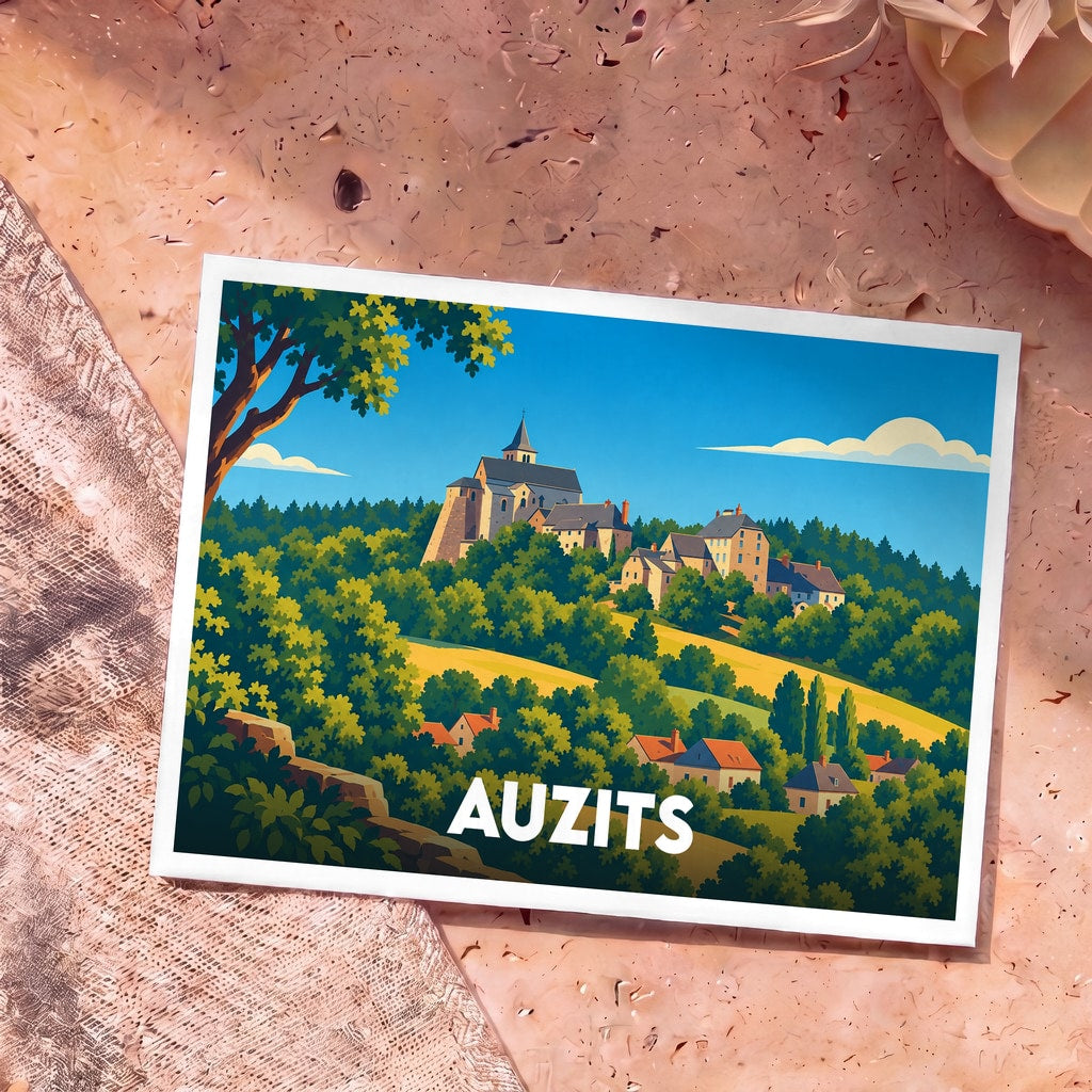 Carte postale souvenir de la ville d'Auzits avec une illustration stylisée d'un village perché dans une forêt verdoyante.