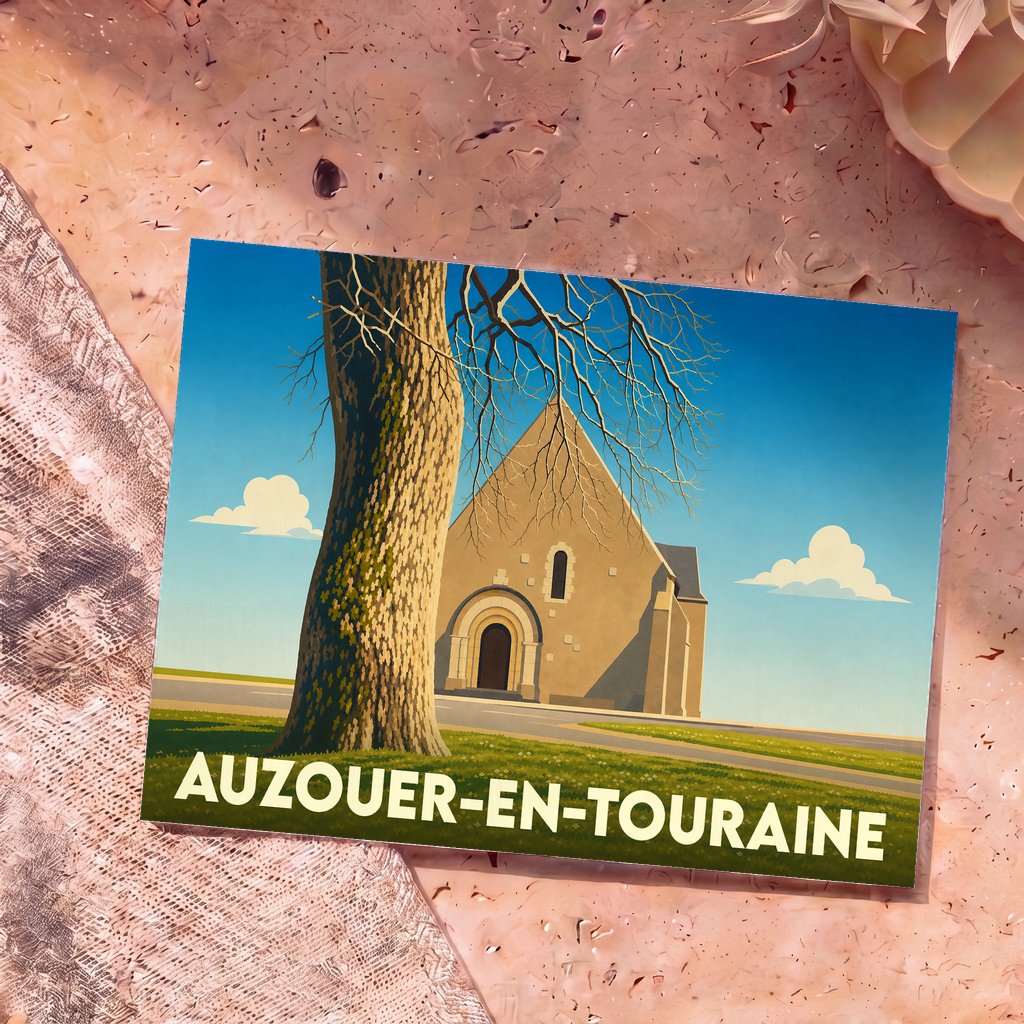 Carte postale souvenir d'Auzouer-en-Touraine illustrant une église et un grand arbre dans un style graphique épuré.