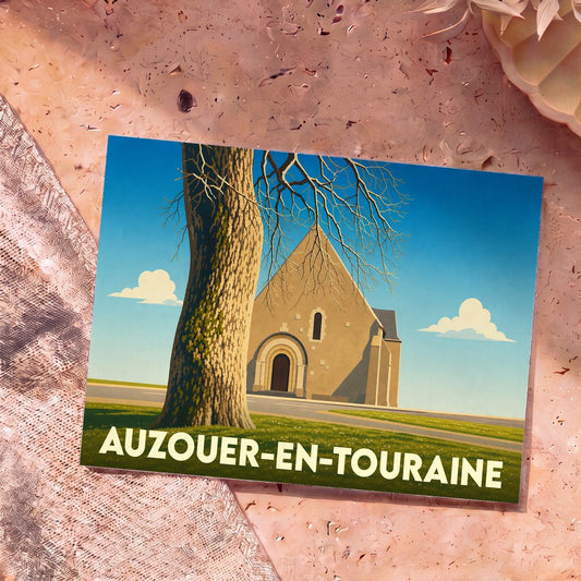 Carte postale souvenir d'Auzouer-en-Touraine illustrant une église et un grand arbre dans un style graphique épuré.