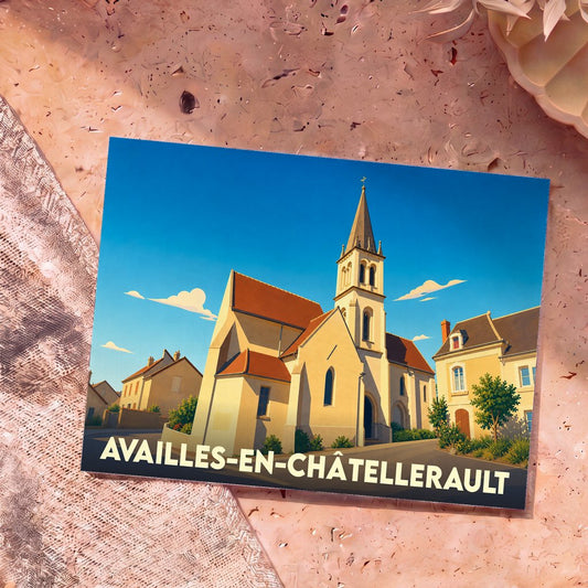 Carte postale souvenir de la ville d'Availles-en-Châtellerault avec une illustration stylisée de son église.