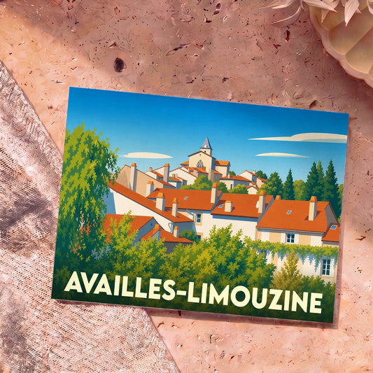 Carte postale souvenir de la ville de Availles-Limouzine avec une illustration stylisée de ses maisons aux toits rouges et de son église.