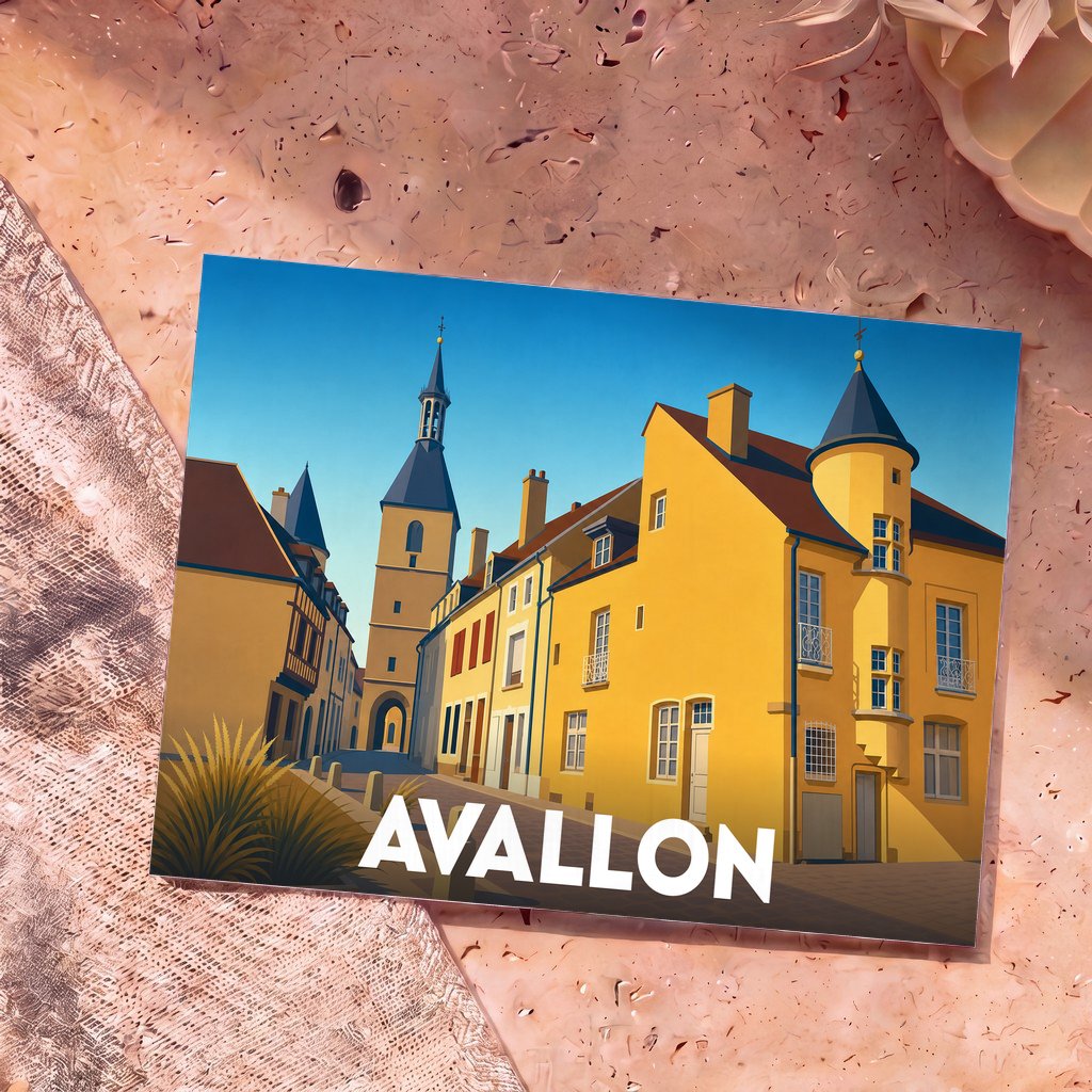 Carte postale souvenir de la ville d'Avallon présentant une illustration stylisée de ses bâtiments historiques et de sa tour de l'horloge.