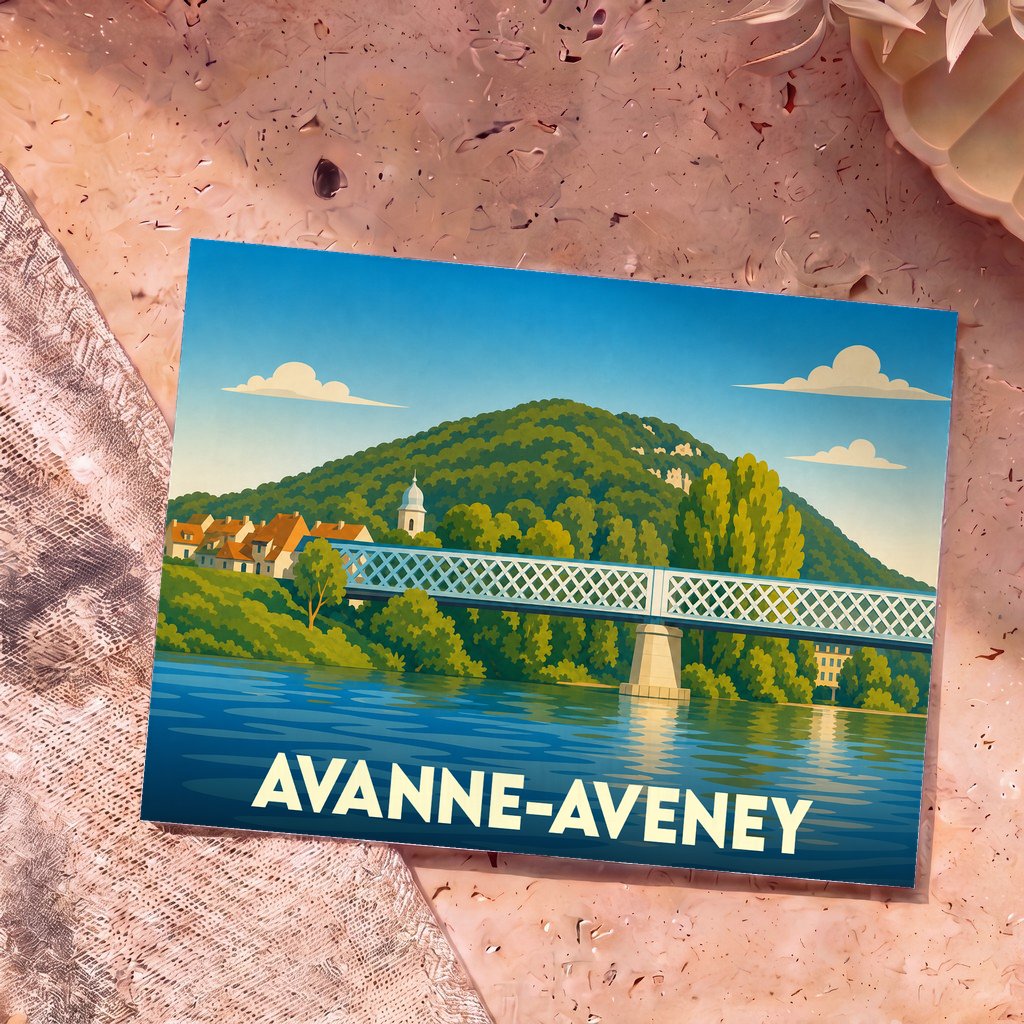Carte postale souvenir de la ville d'Avanne-Aveney avec une illustration stylisée de son pont et de ses collines boisées.