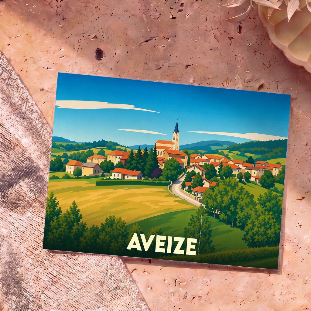 Carte postale souvenir de la ville d'Aveize avec une illustration stylisée de son paysage rural.