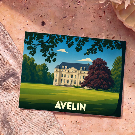 Carte postale souvenir de la ville d'Avelin avec une illustration stylisée d'un château entouré de verdure.