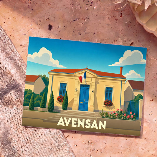 Carte postale souvenir de la ville d'Avensan avec une illustration stylisée de sa mairie.