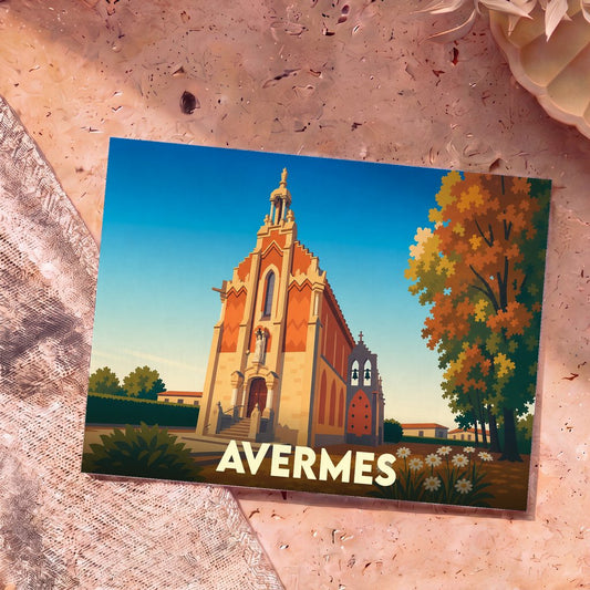 Carte postale souvenir de la ville d'Avermes représentant une église stylisée sous un ciel bleu.