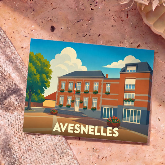 Carte postale souvenir de la ville d'Avesnelles avec une illustration stylisée de sa mairie.