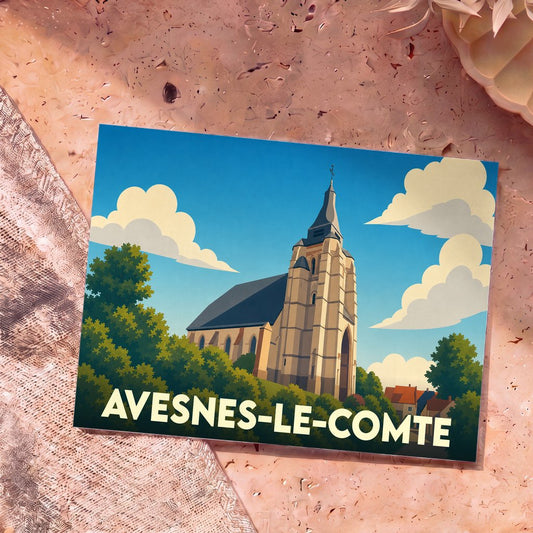 Carte postale souvenir de la ville d'Avesnes-le-Comte illustrant son église avec un style graphique épuré.