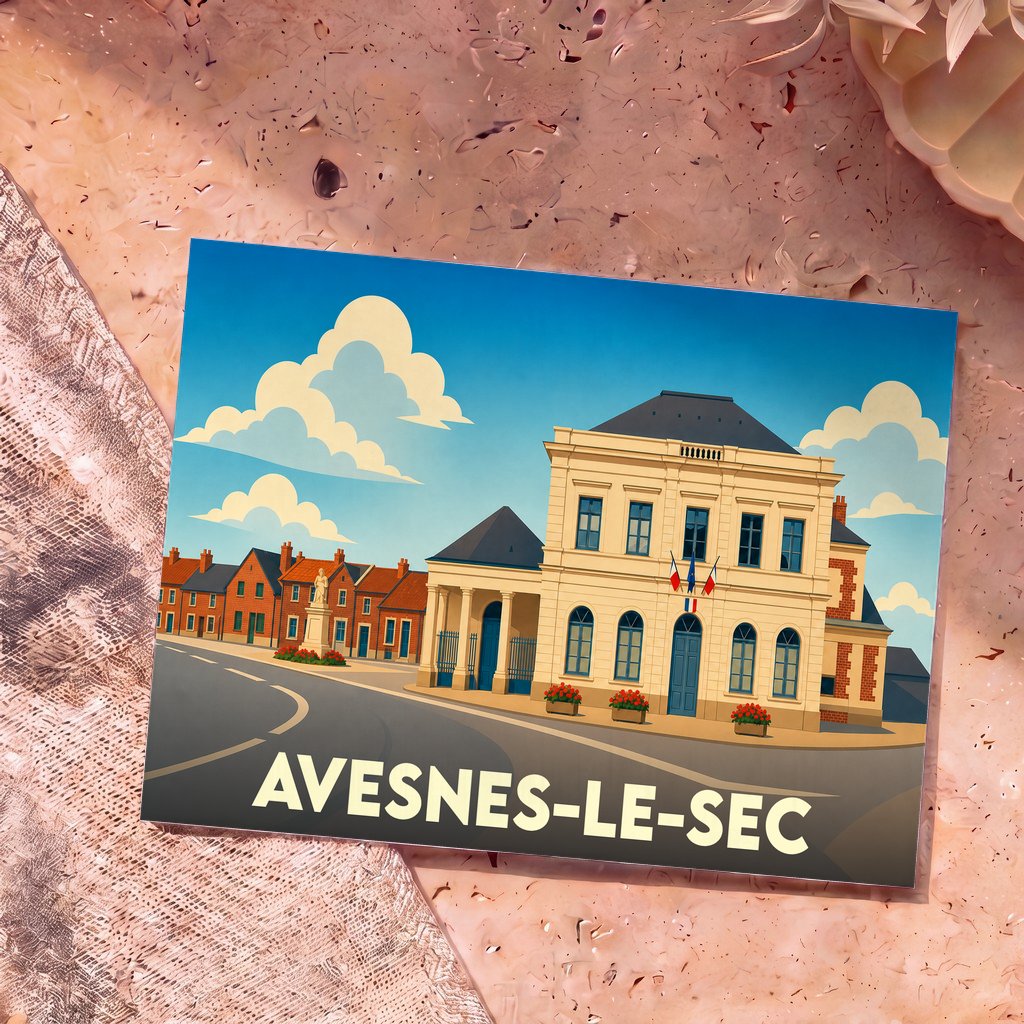 Carte postale souvenir de la ville d'Avesnes-le-Sec présentant une illustration stylisée de sa mairie et de ses maisons en briques.