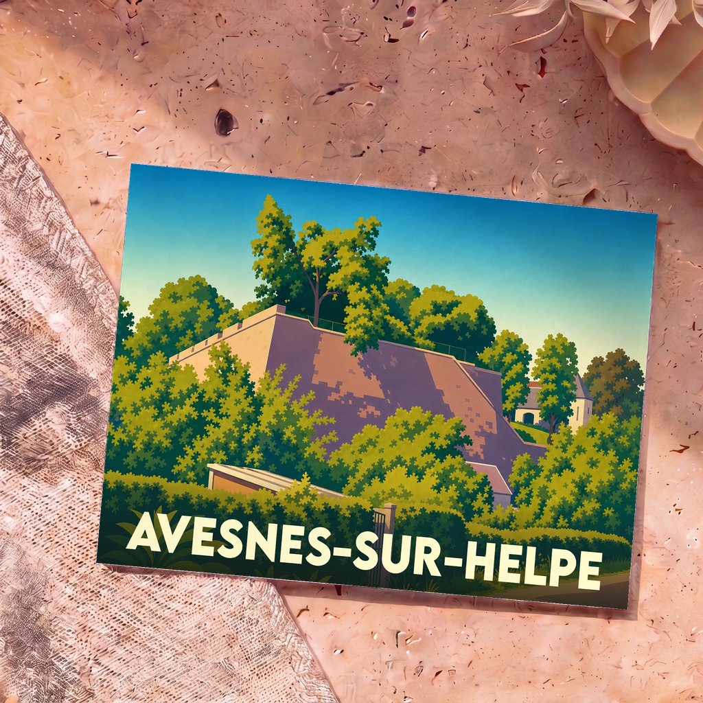 Carte postale souvenir de la ville d'Avesnes-sur-Helpe avec une illustration stylisée de ses remparts verdoyants.