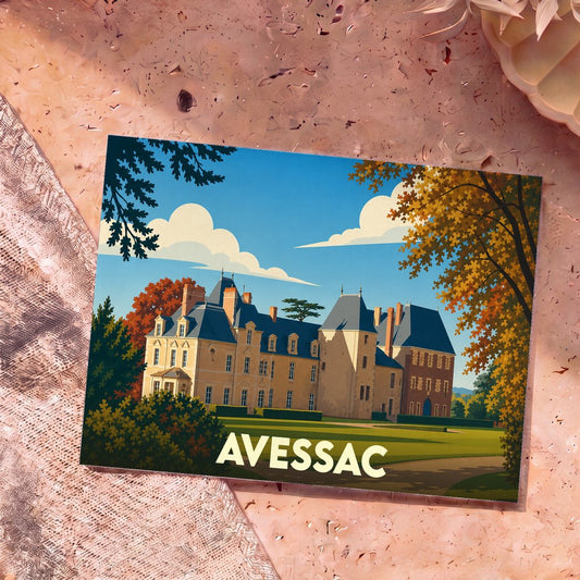 Carte postale souvenir de la ville d'Avessac avec une illustration stylisée de son château entouré de végétation.
