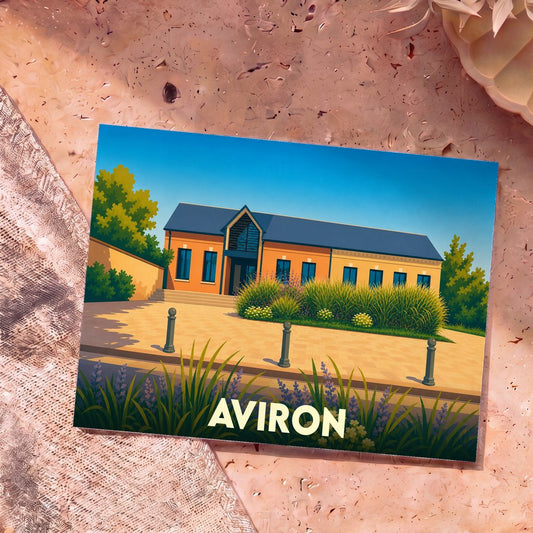 Carte postale souvenir de la ville d'Aviron avec une illustration stylisée d'un bâtiment moderne.