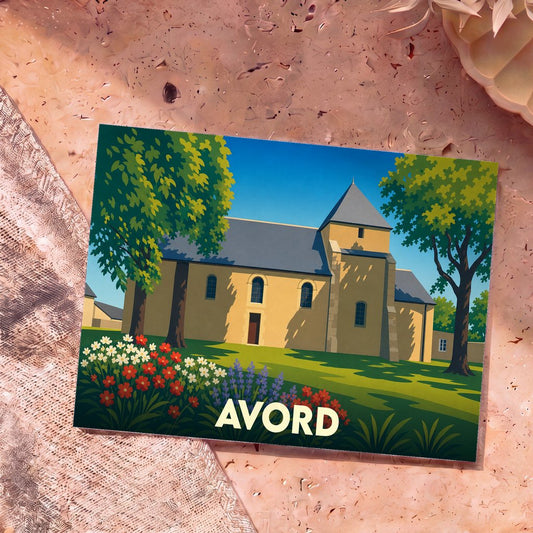 Carte postale souvenir de la ville d'Avord avec une illustration stylisée de son église entourée de verdure.