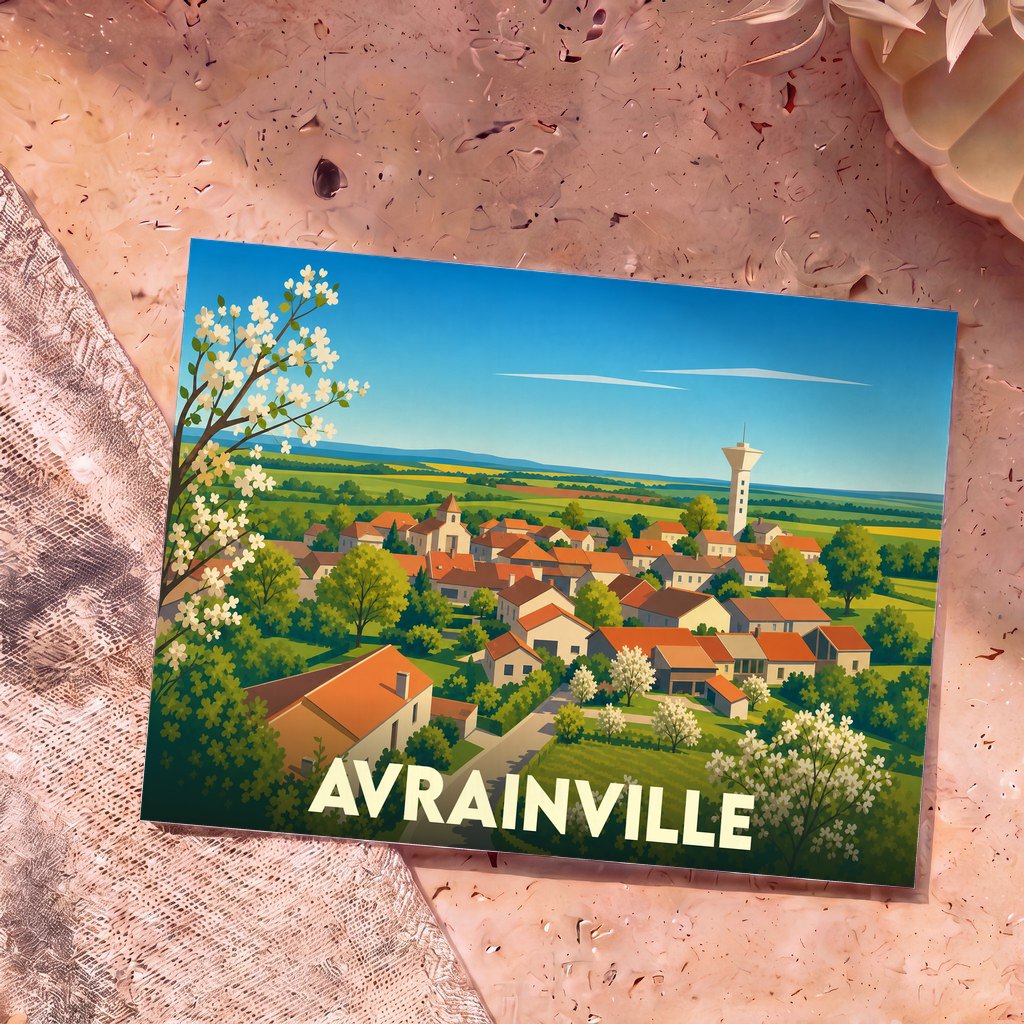 Carte postale souvenir de la ville d'Avrainville avec une illustration stylisée.