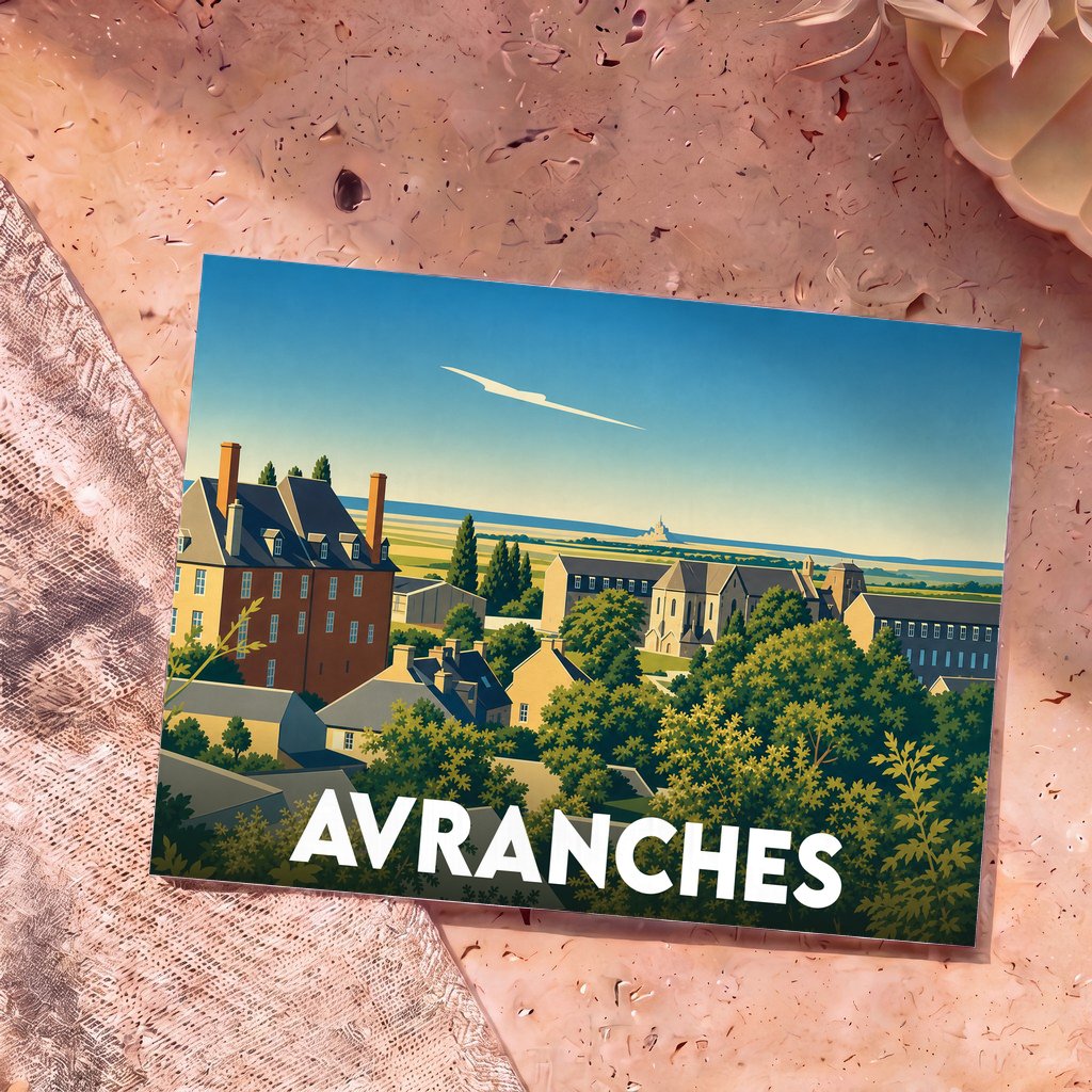 Carte postale souvenir de la ville d'Avranches avec une illustration stylisée d'un panorama urbain verdoyant.