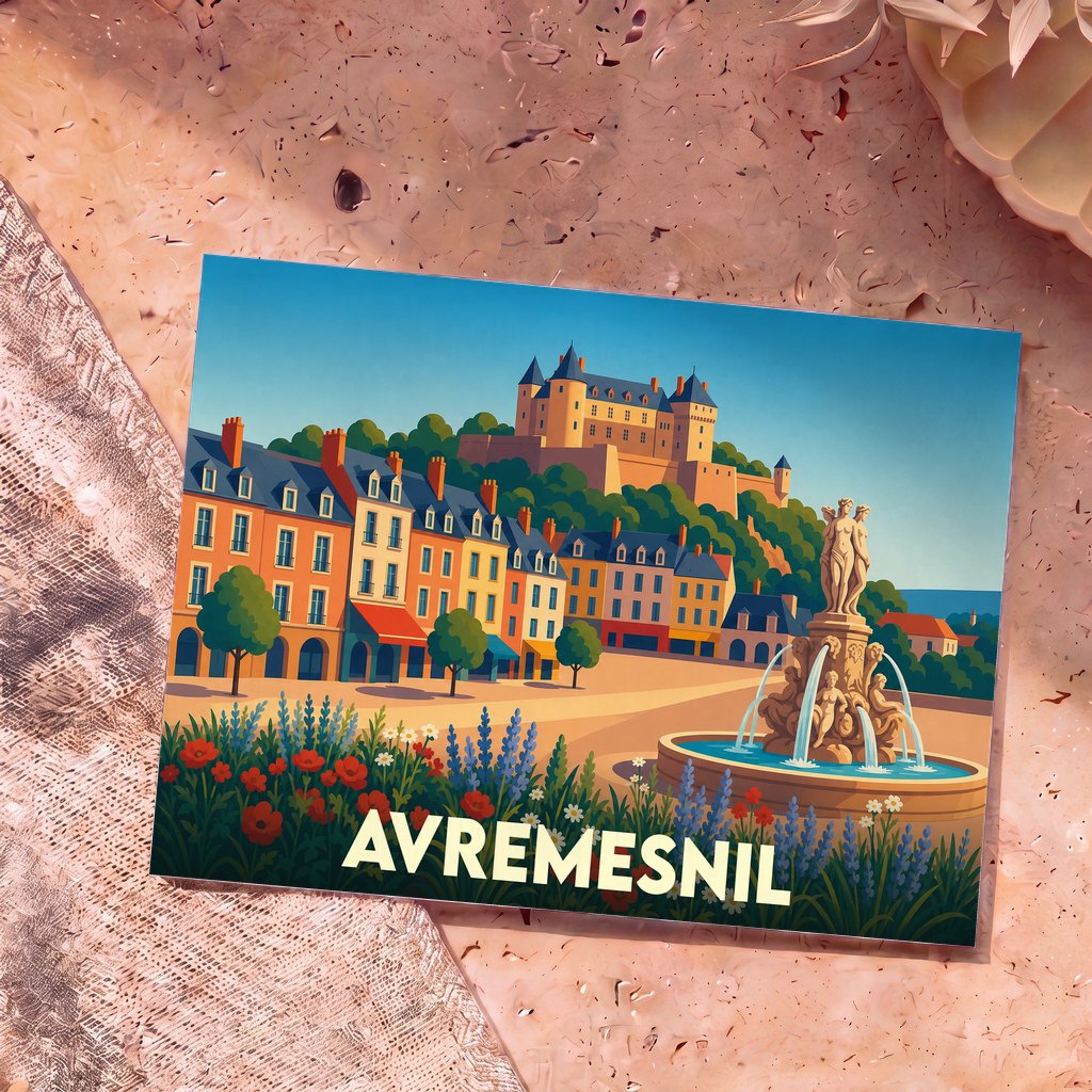 Carte postale souvenir de la ville d'Avremesnil avec une illustration stylisée d'un château surplombant une place fleurie avec une fontaine.