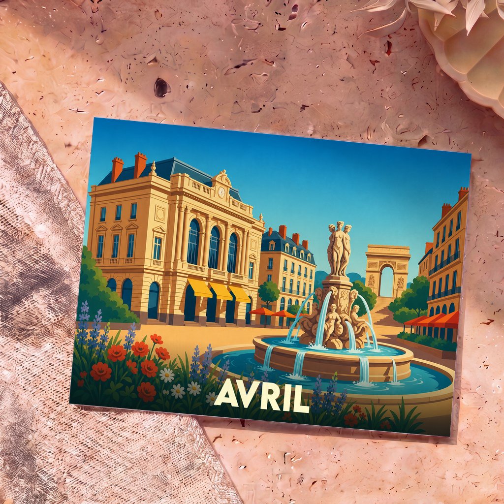 Carte postale souvenir de la ville d'Avril avec une illustration stylisée d'une place ensoleillée et sa fontaine.
